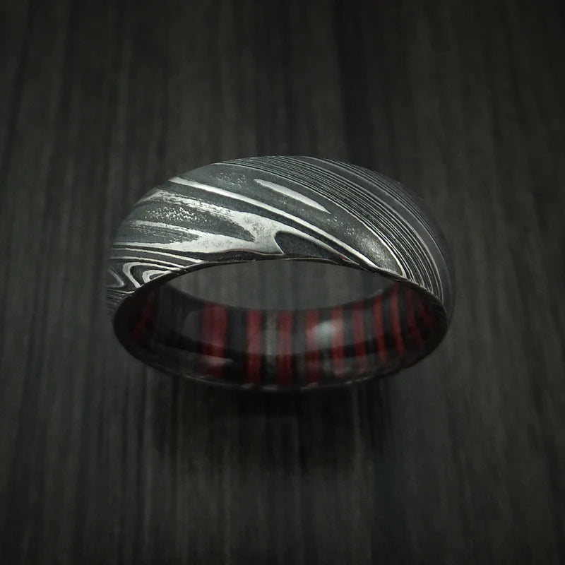 Woodgrain Kuro Damascus Steel Men’s Ring with Applejack Hardwood Sleeve
