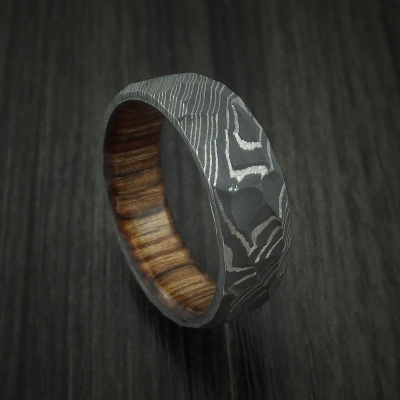Men’s Damascus Steel Rock Hammer Ring with Hardwood Sleeve