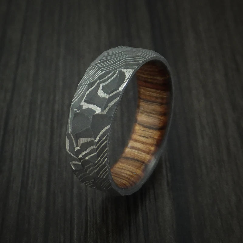 Men’s Damascus Steel Rock Hammer Ring with Hardwood Sleeve
