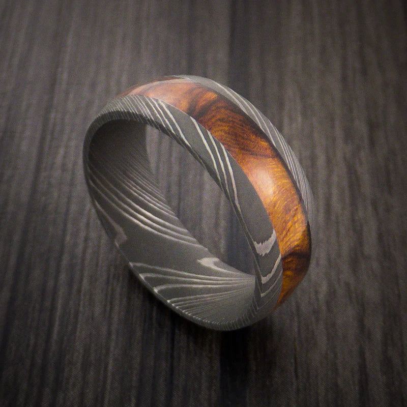 Men’s Damascus Steel Ring with Desert Ironwood Burl Inlay