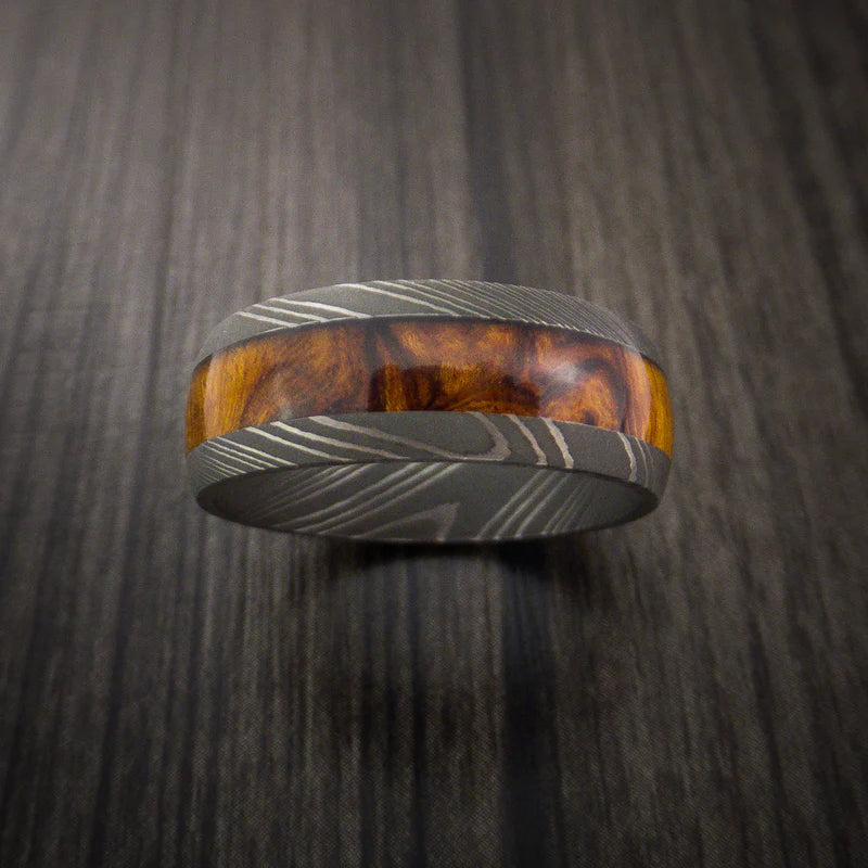 Men’s Damascus Steel Ring with Desert Ironwood Burl Inlay