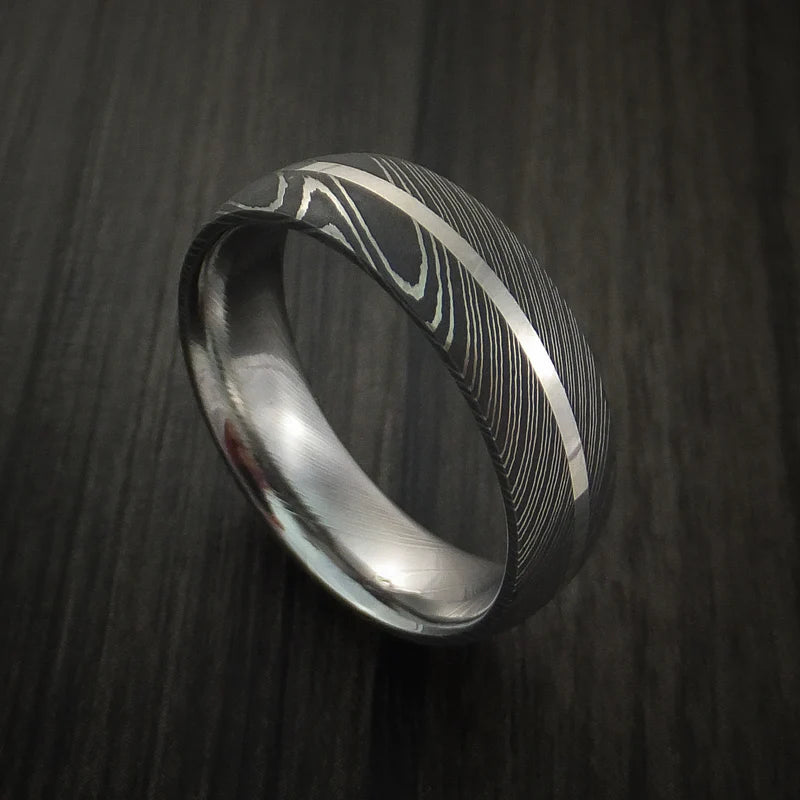 Men’s Damascus Steel Ring with 14K White Gold Inlay