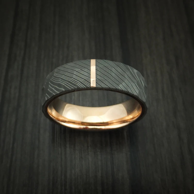 Damascus Steel Hammered Men’s Ring with 14K Rose Gold Inlay and Interior Sleeve