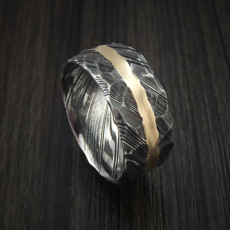 Men’s Woodgrain Kuro Damascus Steel Ring with 14K Yellow Gold Inlay