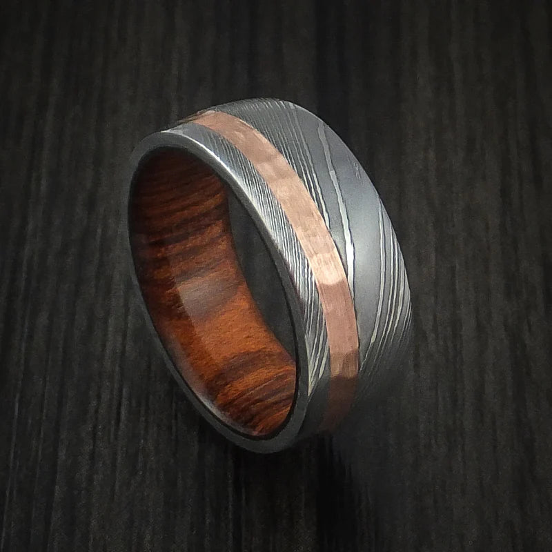 Damascus Steel and Hammered Copper Men’s Ring with Cocobolo Hardwood Sleeve