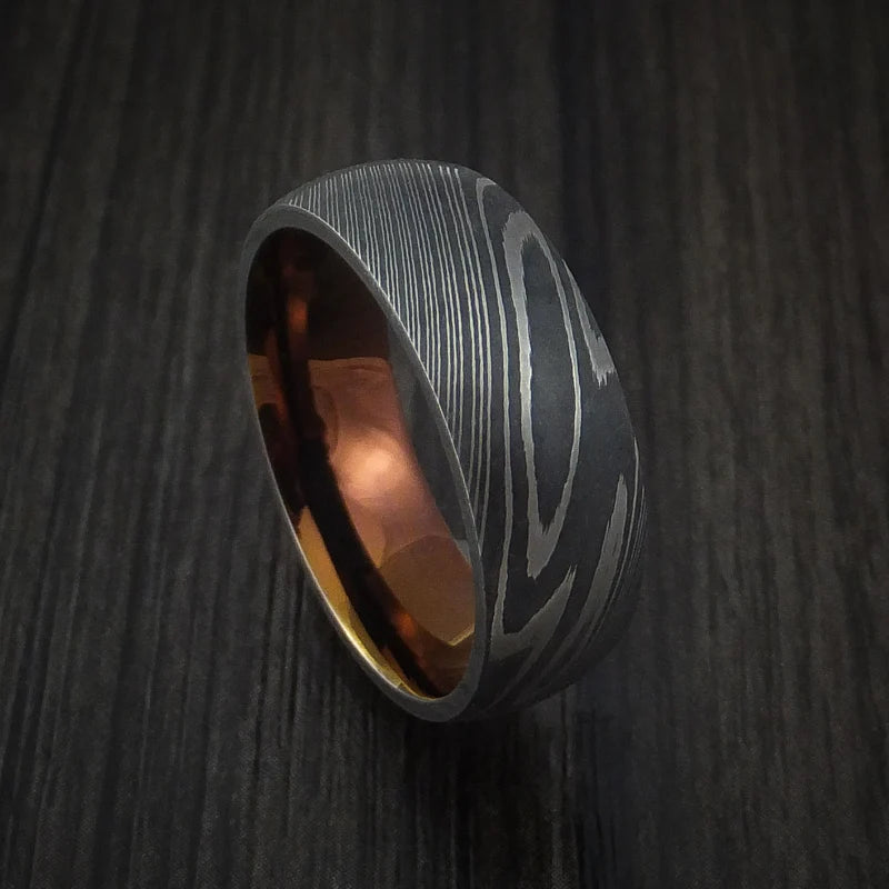 Men’s Damascus Steel Ring with Bronze Anodized Titanium Interior