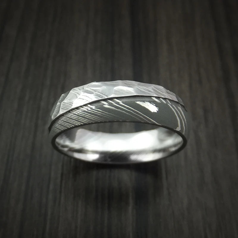 Men’s Two-Tone Damascus Steel Ring with Rock Hammer Finish