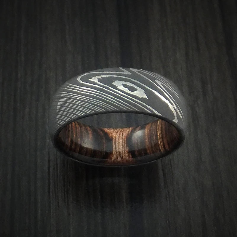 Custom Damascus Steel Men’s Ring with Ziricote Wood Interior