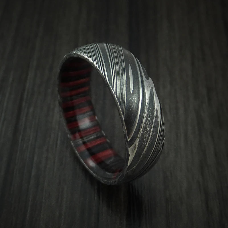 Woodgrain Kuro Damascus Steel Men’s Ring with Applejack Hardwood Sleeve