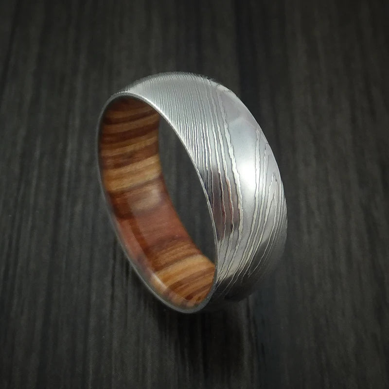 Damascus Steel Men’s Ring with Teak Hardwood Interior Sleeve