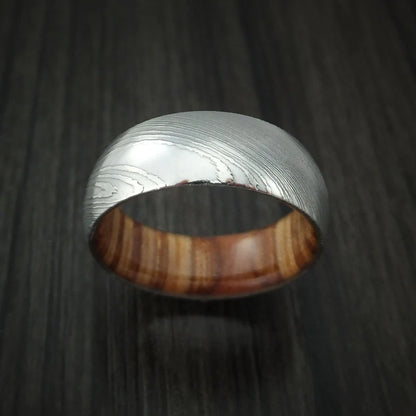 Damascus Steel Men’s Ring with Teak Hardwood Interior Sleeve