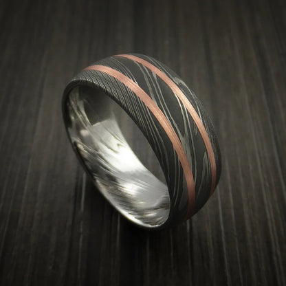 Custom Damascus Steel Men’s Ring with Dual Copper Inlays