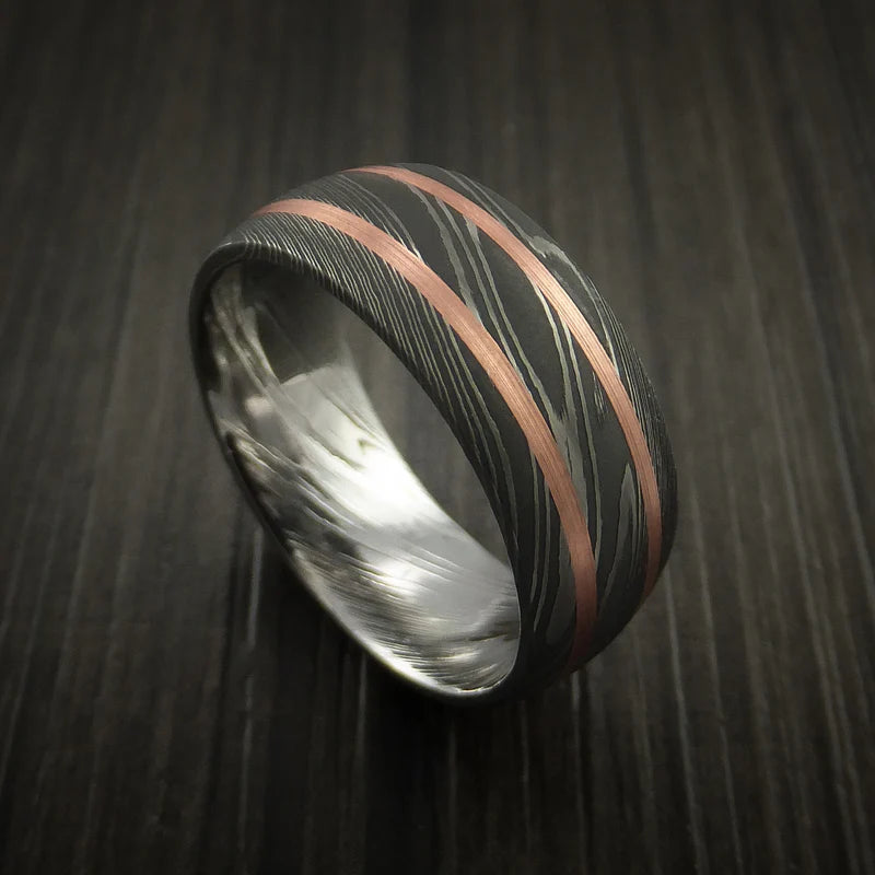 Custom Damascus Steel Men’s Ring with Dual Copper Inlays