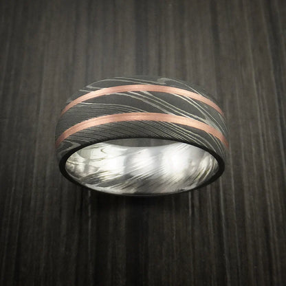 Custom Damascus Steel Men’s Ring with Dual Copper Inlays