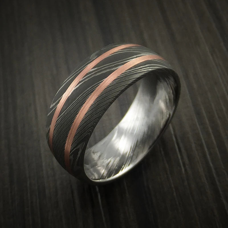 Custom Damascus Steel Men’s Ring with Dual Copper Inlays