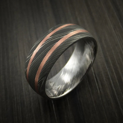 Custom Damascus Steel Men’s Ring with Dual Copper Inlays
