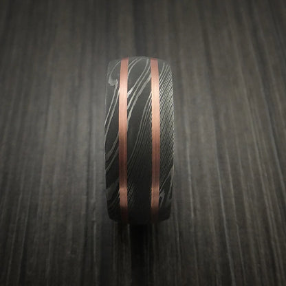 Custom Damascus Steel Men’s Ring with Dual Copper Inlays