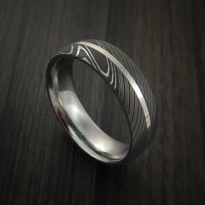 Men’s Damascus Steel Ring with 14K White Gold Inlay