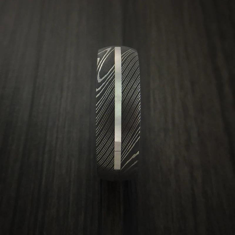 Men’s Damascus Steel Ring with 14K White Gold Inlay