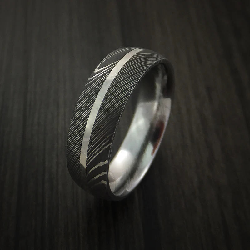 Men’s Damascus Steel Ring with 14K White Gold Inlay