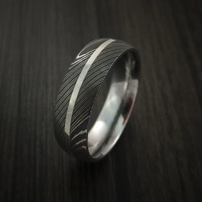 Men’s Damascus Steel Ring with 14K White Gold Inlay