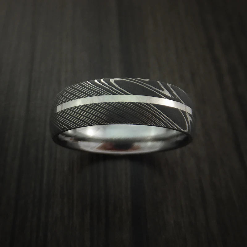 Men’s Damascus Steel Ring with 14K White Gold Inlay