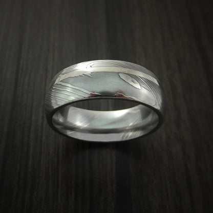 Polished Domed Damascus Steel Men’s Ring with Off-Center 14K White Gold Inlay