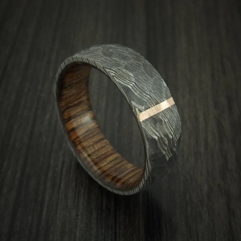 Custom Damascus Steel Men’s Ring with Rock Hammer Finish, Vertical 14K Rose Gold Inlay & Hardwood Interior