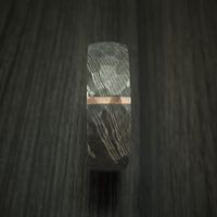 Custom Damascus Steel Men’s Ring with Rock Hammer Finish, Vertical 14K Rose Gold Inlay & Hardwood Interior