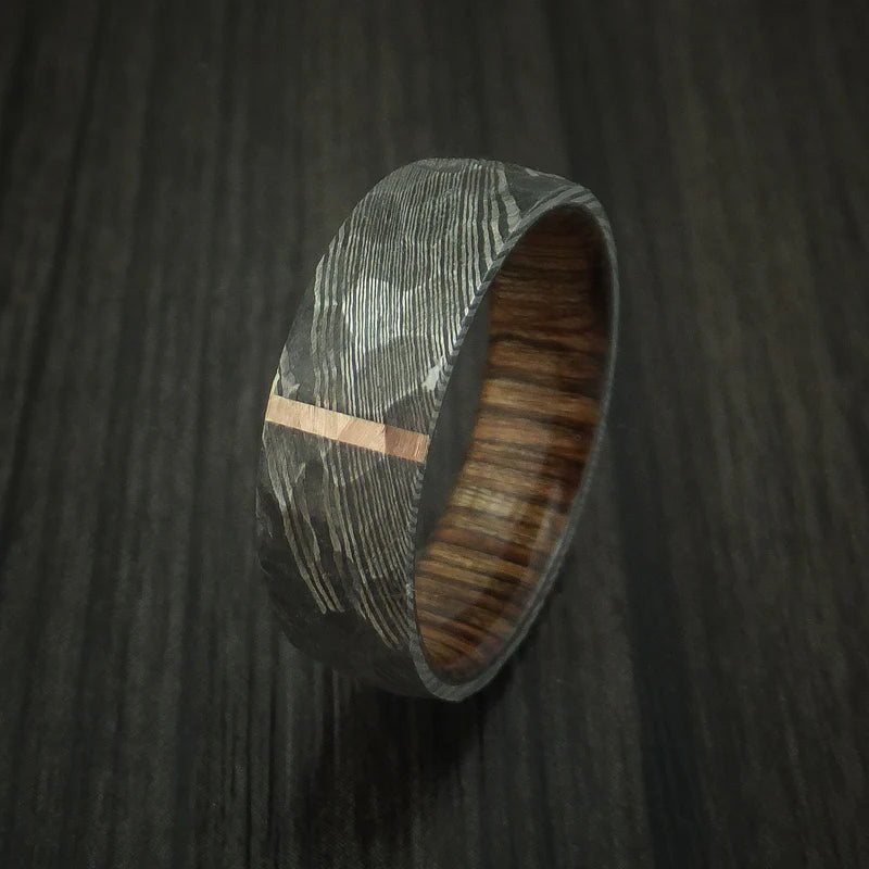 Custom Damascus Steel Men’s Ring with Rock Hammer Finish, Vertical 14K Rose Gold Inlay & Hardwood Interior
