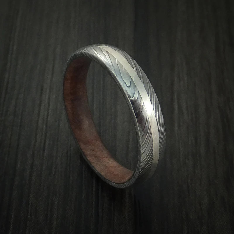 Damascus Steel Men’s Ring with Palladium Silver Inlay and Sequoia Hardwood Sleeve