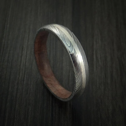 Damascus Steel Men’s Ring with Palladium Silver Inlay and Sequoia Hardwood Sleeve