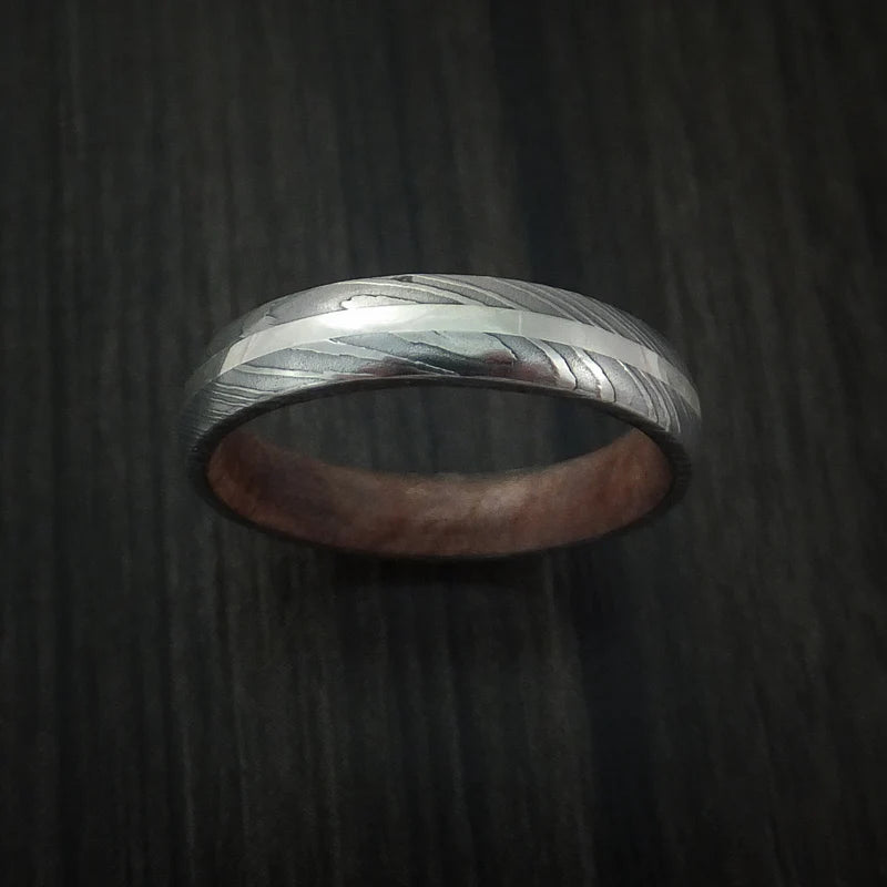 Damascus Steel Men’s Ring with Palladium Silver Inlay and Sequoia Hardwood Sleeve