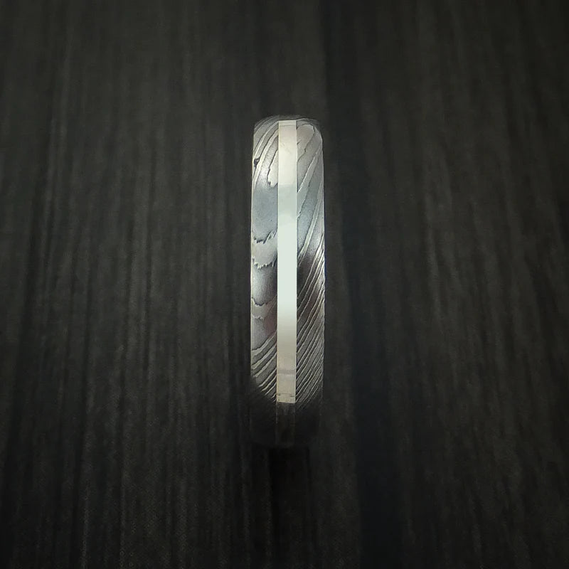 Damascus Steel Men’s Ring with Palladium Silver Inlay and Sequoia Hardwood Sleeve