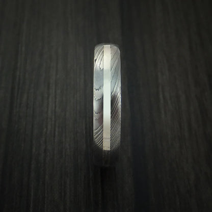 Damascus Steel Men’s Ring with Palladium Silver Inlay and Sequoia Hardwood Sleeve