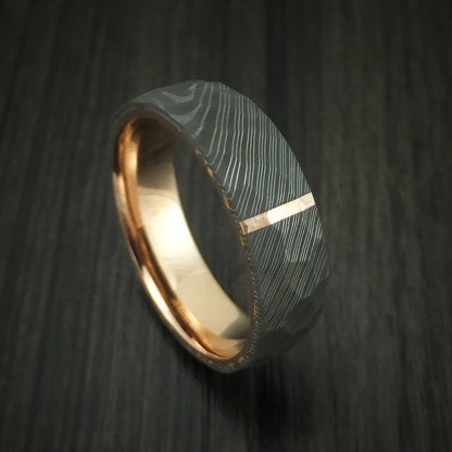 Damascus Steel Hammered Men’s Ring with 14K Rose Gold Inlay and Interior Sleeve