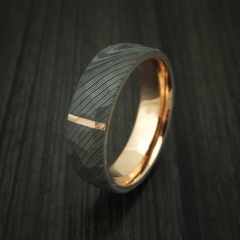 Damascus Steel Hammered Men’s Ring with 14K Rose Gold Inlay and Interior Sleeve