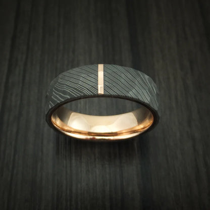 Damascus Steel Hammered Men’s Ring with 14K Rose Gold Inlay and Interior Sleeve