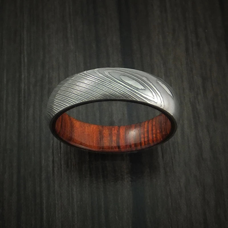 Men’s Damascus Steel Ring with Cocobolo Hardwood Interior