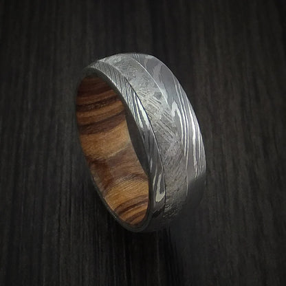 Men’s Damascus Steel and Gibeon Meteorite Ring with Teak Hardwood Sleeve