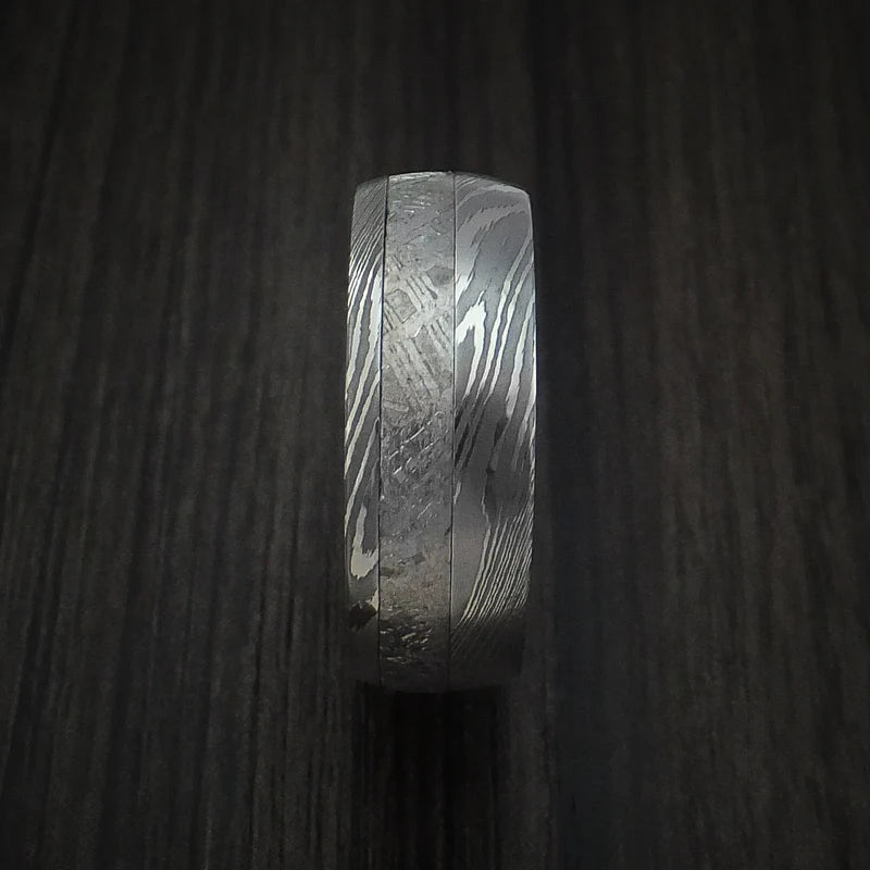 Men’s Damascus Steel and Gibeon Meteorite Ring with Teak Hardwood Sleeve