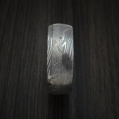 Men’s Damascus Steel and Gibeon Meteorite Ring with Teak Hardwood Sleeve