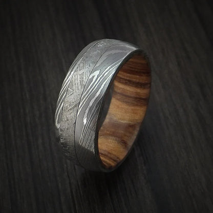 Men’s Damascus Steel and Gibeon Meteorite Ring with Teak Hardwood Sleeve