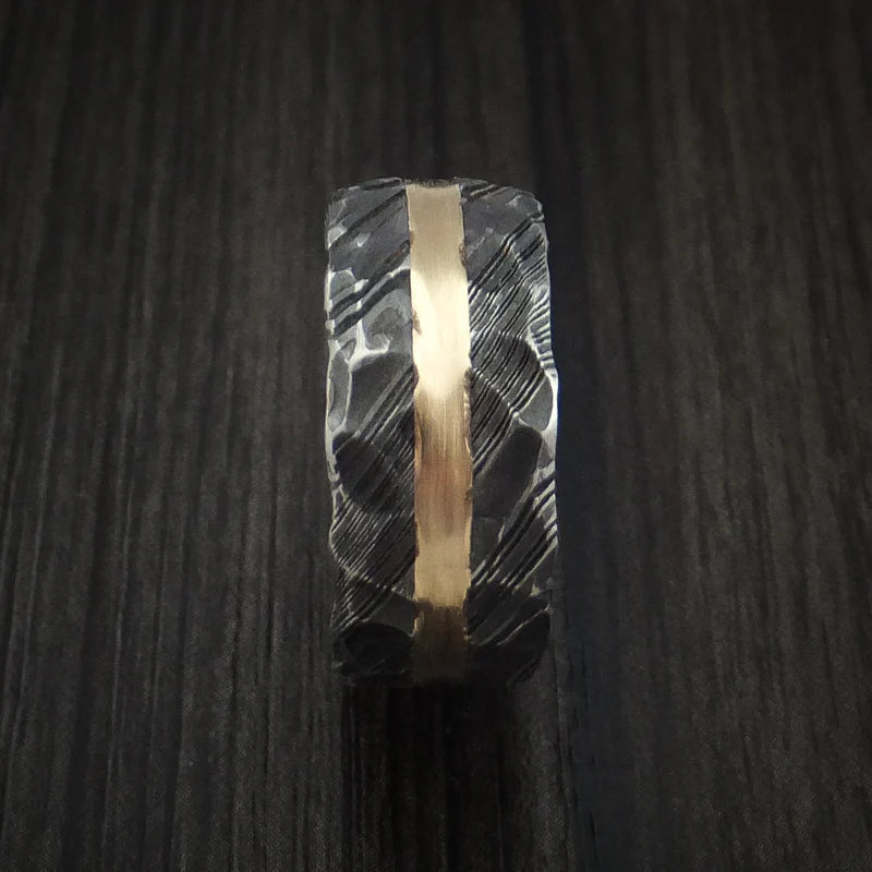 Men’s Woodgrain Kuro Damascus Steel Ring with 14K Yellow Gold Inlay