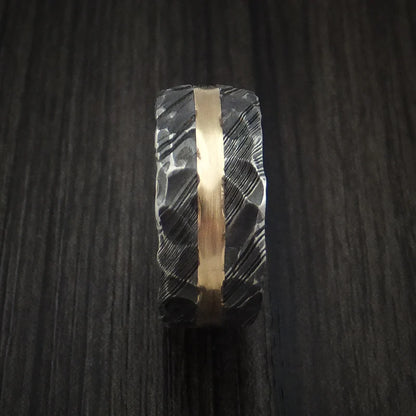 Men’s Woodgrain Kuro Damascus Steel Ring with 14K Yellow Gold Inlay