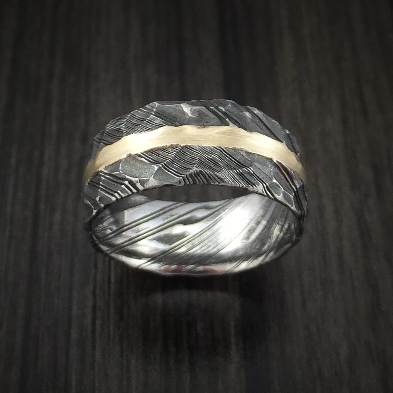 Men’s Woodgrain Kuro Damascus Steel Ring with 14K Yellow Gold Inlay