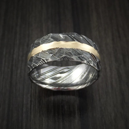 Men’s Woodgrain Kuro Damascus Steel Ring with 14K Yellow Gold Inlay
