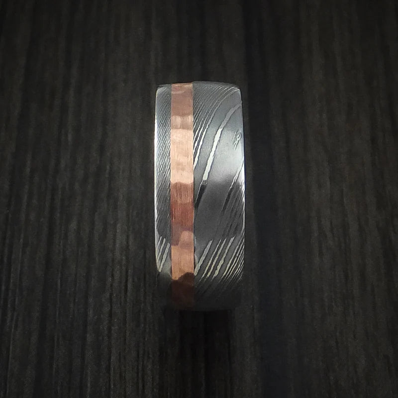 Damascus Steel and Hammered Copper Men’s Ring with Cocobolo Hardwood Sleeve