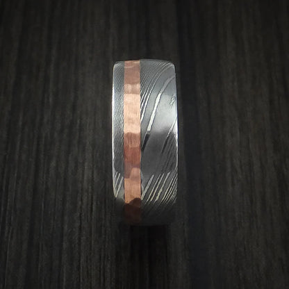 Damascus Steel and Hammered Copper Men’s Ring with Cocobolo Hardwood Sleeve
