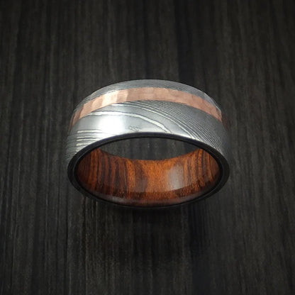 Damascus Steel and Hammered Copper Men’s Ring with Cocobolo Hardwood Sleeve